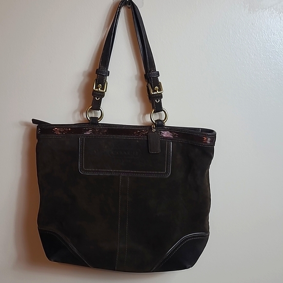 Coach Brown Suede Leather Gallery Tote Vintage Handbag Beaded Trim Accents EUC - Picture 1 of 12